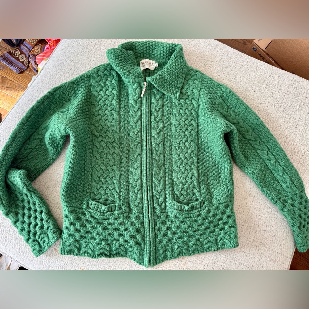 Blarney Woolen Mills Green Cable Knit Merino Wool Sweater Cardigan Size Large